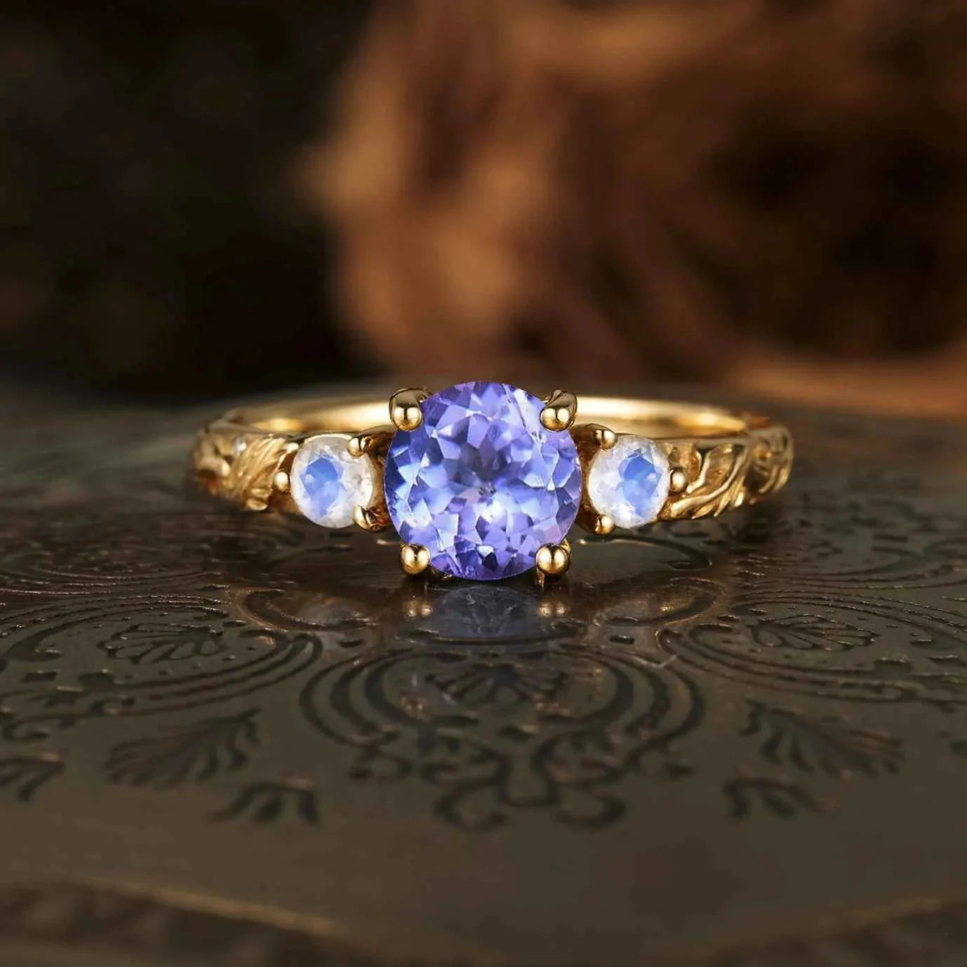 Selene’s Deep | Round Tanzanite & Moonstone Cluster Ring.