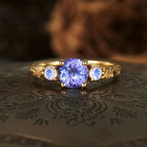 Selene’s Deep | Round Tanzanite & Moonstone Cluster Ring.