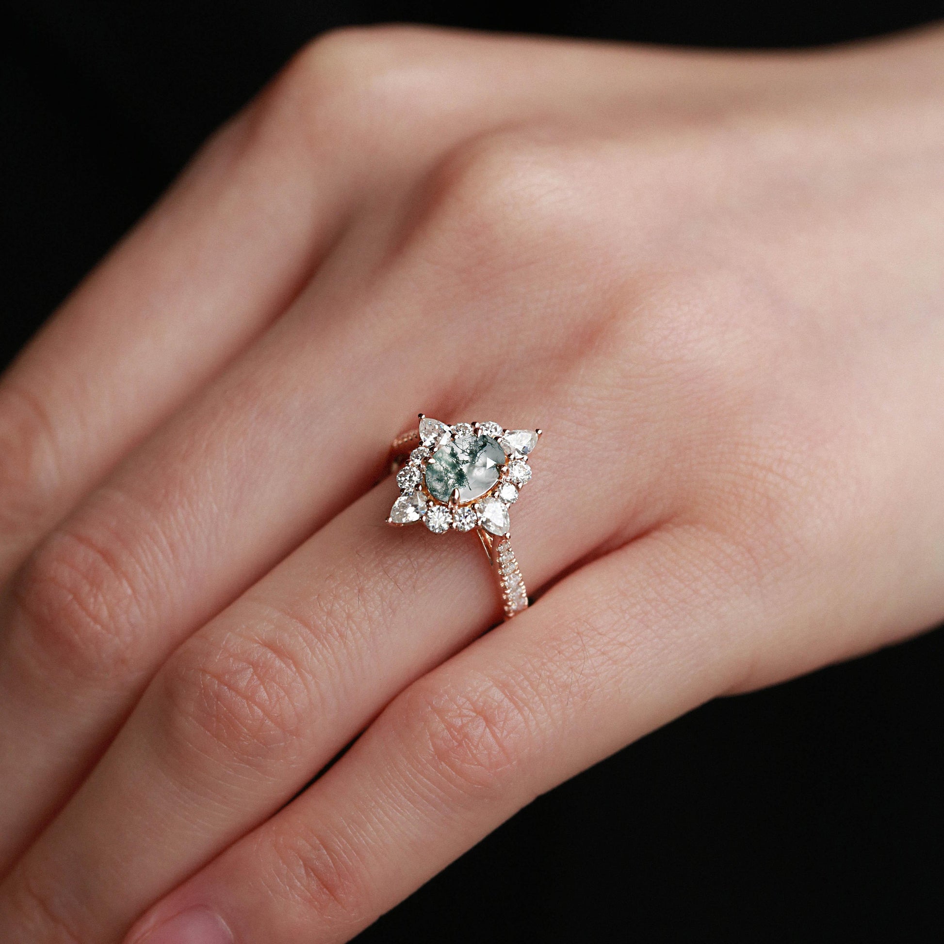 Vintage Oval Cut Moss Agate Halo Engagement Ring.