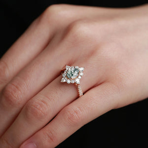Vintage Oval Cut Moss Agate Halo Engagement Ring.