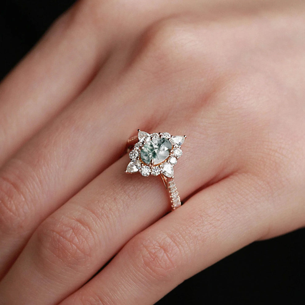 Isadora’s Meadow | Vintage Oval Moss Agate Halo Engagement Ring