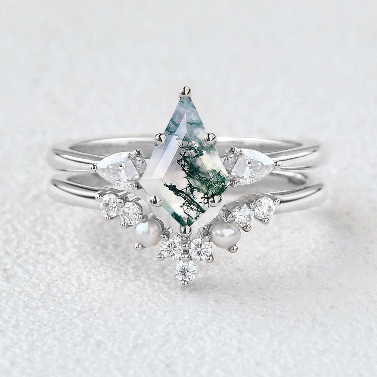 Kite Cut Moss Agate Pearl Stacking Engagement Ring Set 2pcs.