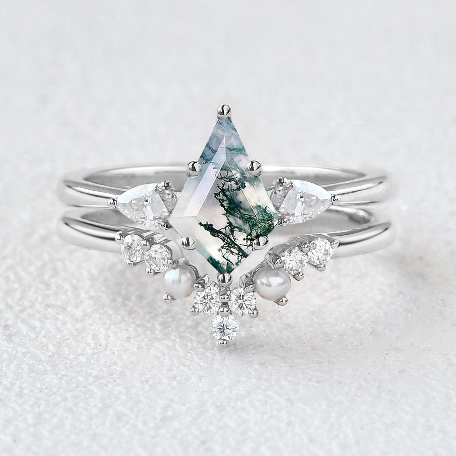 Kite Cut Moss Agate Pearl Stacking Engagement Ring Set 2pcs.