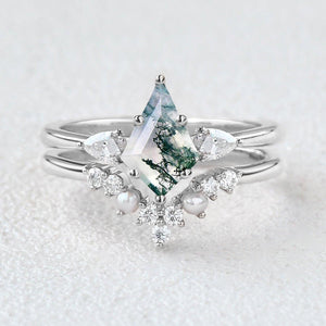 Kite Cut Moss Agate Pearl Stacking Engagement Ring Set 2pcs.