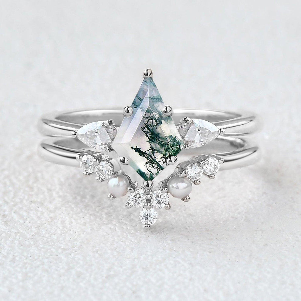 Kite Cut Moss Agate Pearl Stacking Engagement Ring Set 2pcs.