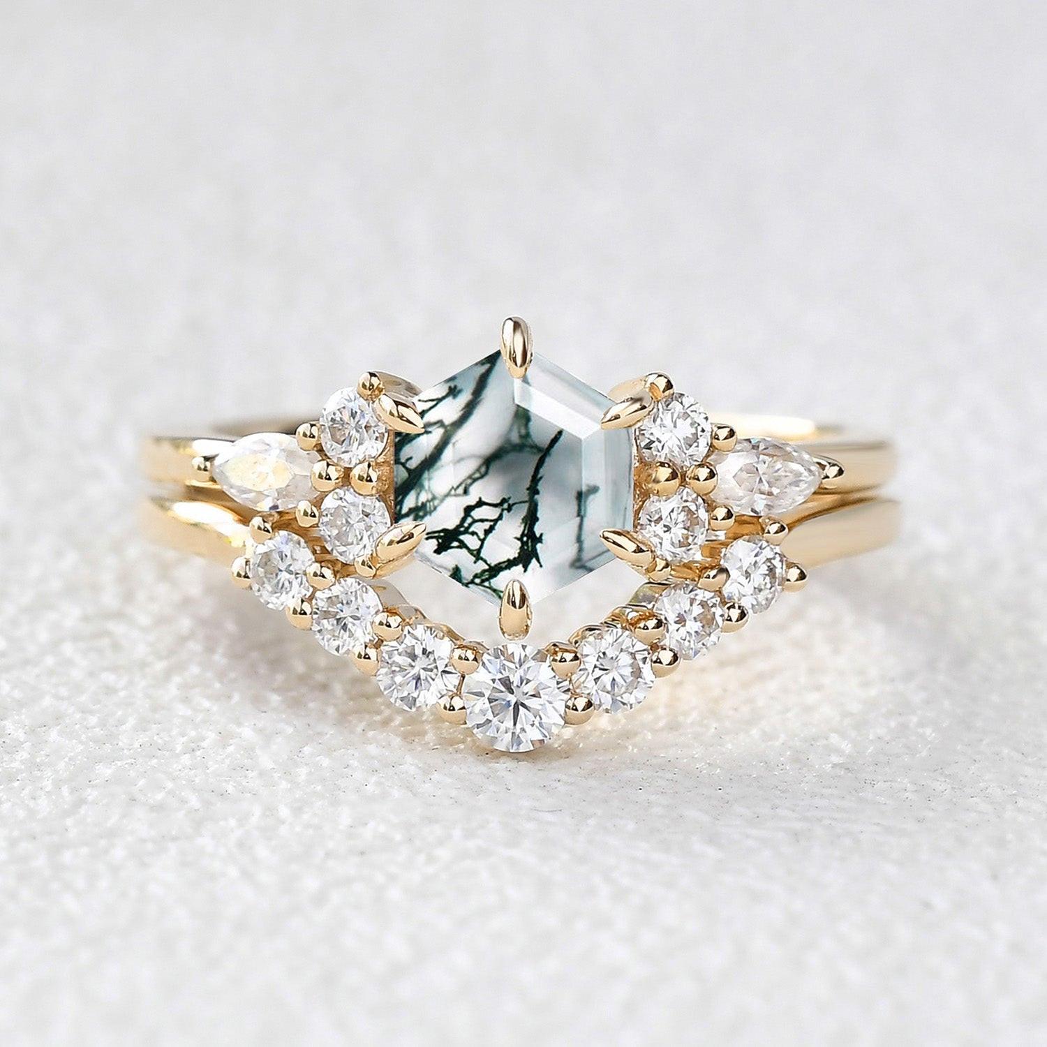 1.0ct Hexagon Moss Agate Cluster Engagement Ring Set 2pcs.