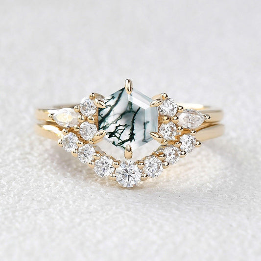 1.0ct Hexagon Moss Agate Cluster Engagement Ring Set 2pcs.