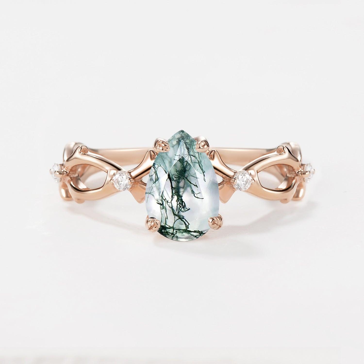 Unique Pear Moss Agate Infinity Leaf Engagement Ring.