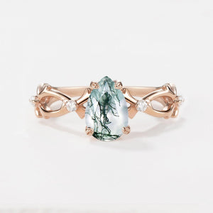 Unique Pear Moss Agate Infinity Leaf Engagement Ring.