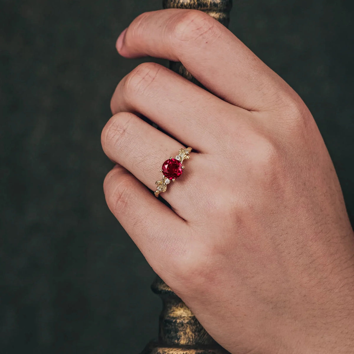 Scarlett’s Sprig | Round Ruby Solitaire Engagement Ring.
