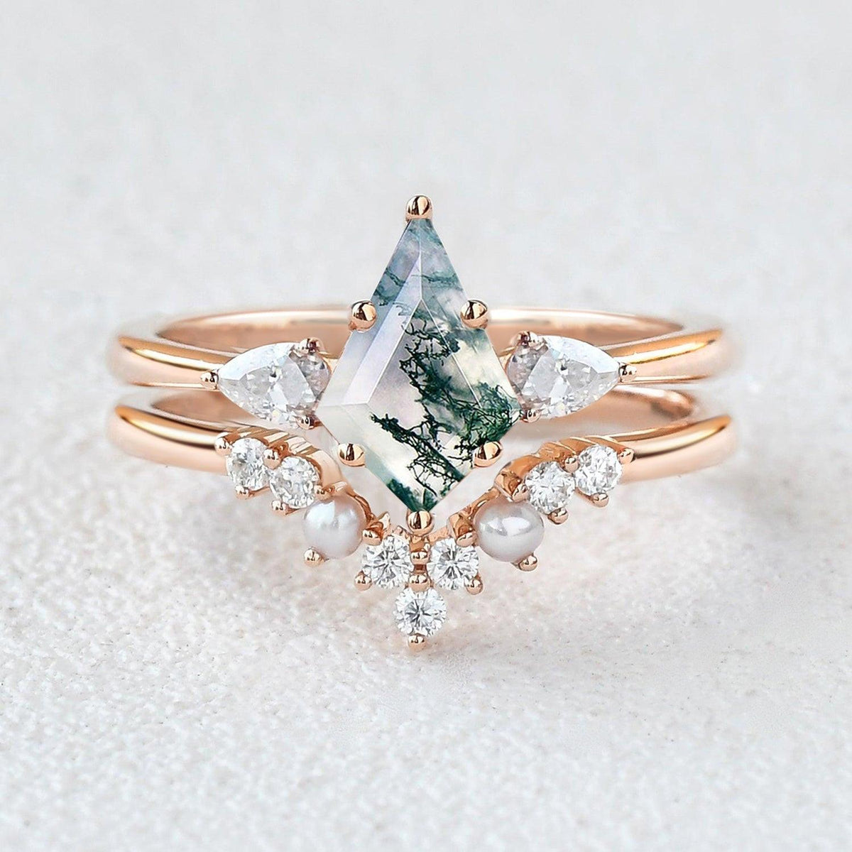 Kite Cut Moss Agate Pearl Stacking Engagement Ring Set 2pcs.