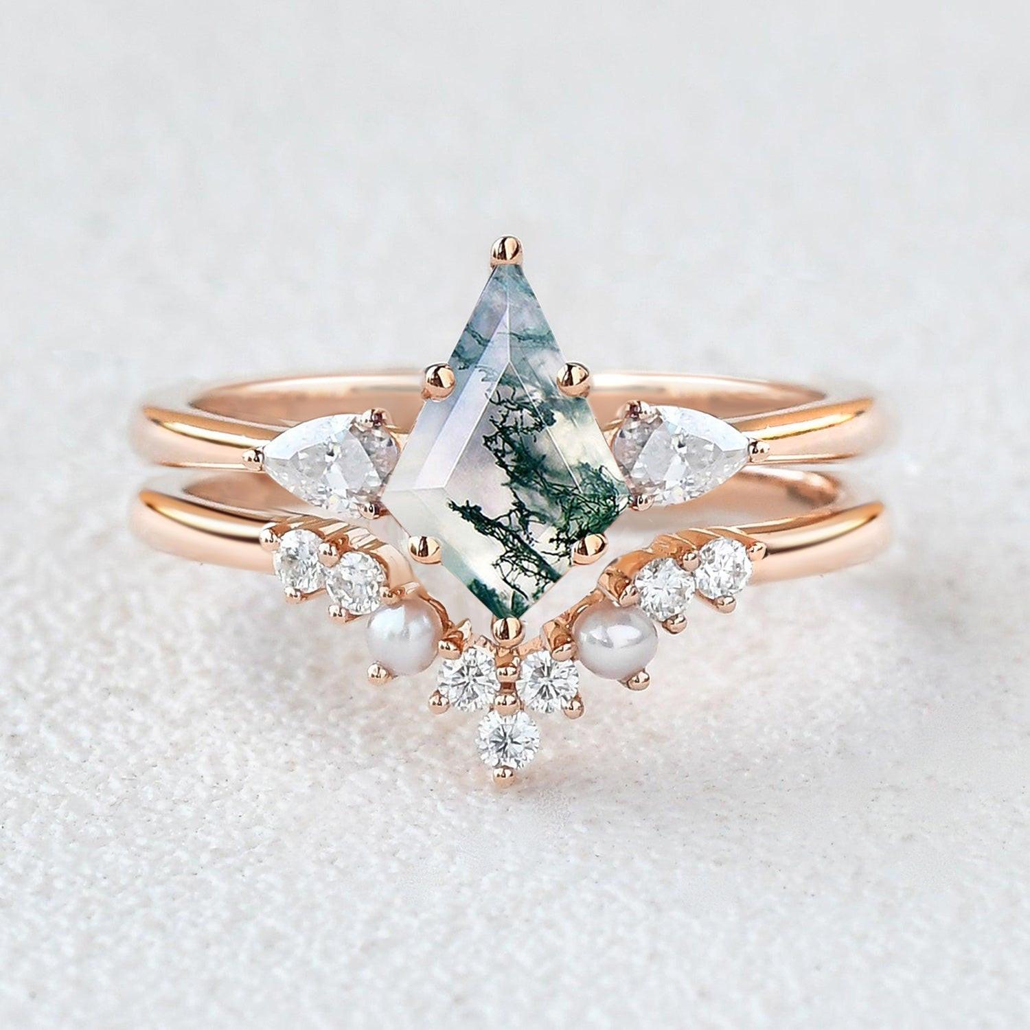 Kite Cut Moss Agate Pearl Stacking Engagement Ring Set 2pcs.