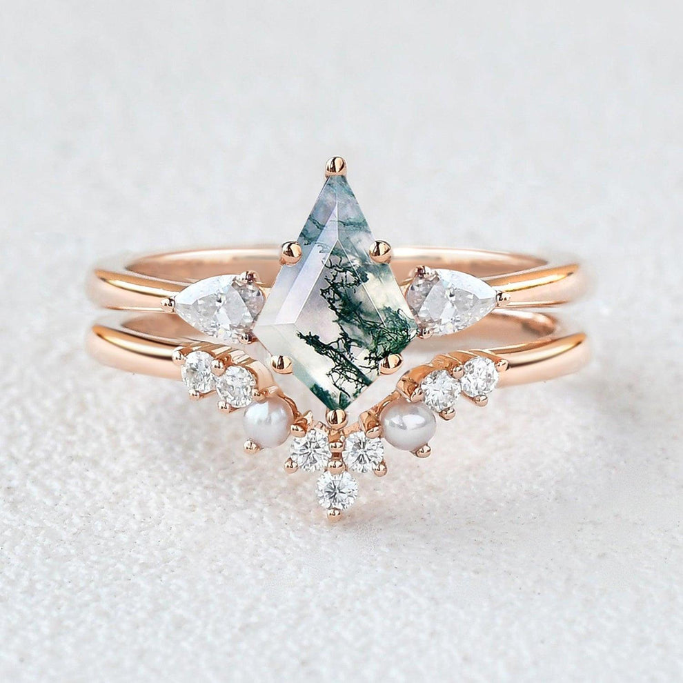 Kite Cut Moss Agate Pearl Stacking Engagement Ring Set 2pcs.