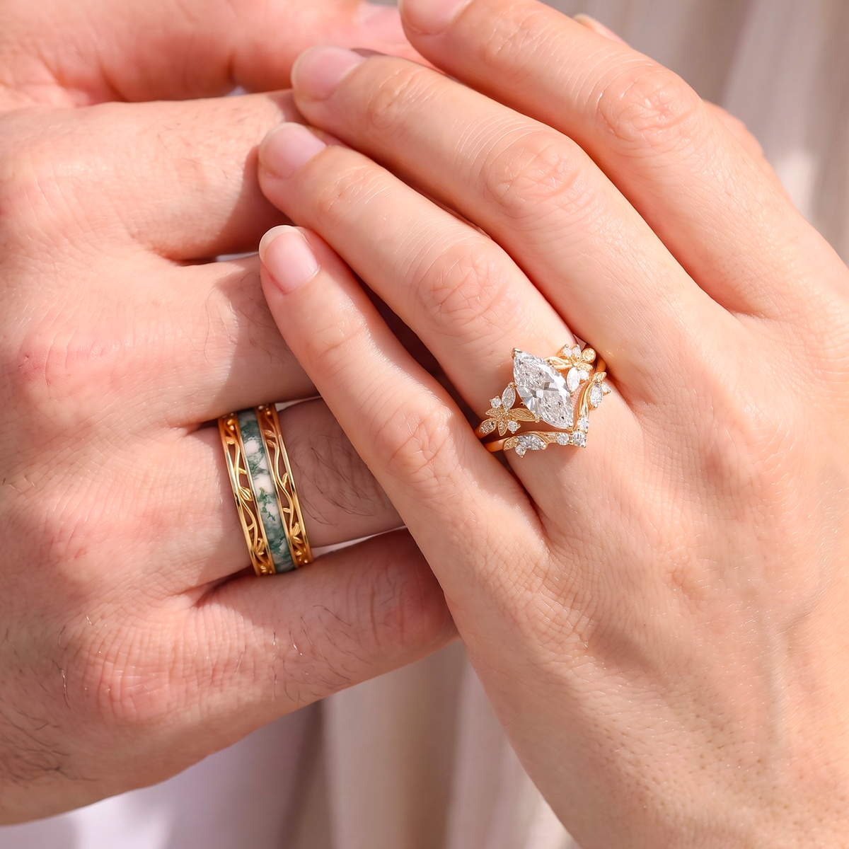 Seraphina‘s Aureole | 1CT Marquise Diamond Chevron & Moss Agate Inlay Band Couple Set Trio