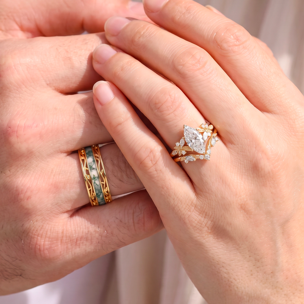 Seraphina‘s Aureole | 1CT Marquise Diamond Chevron & Moss Agate Inlay Band Couple Set Trio
