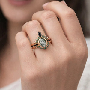 Unique Oval cut Moss Agate Leaf and Vine Promise Ring Set 3pcs.