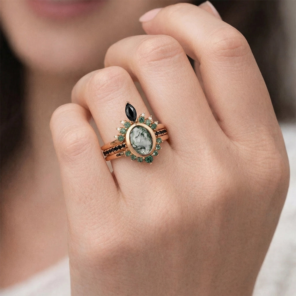 Unique Oval cut Moss Agate Leaf and Vine Promise Ring Set 3pcs.