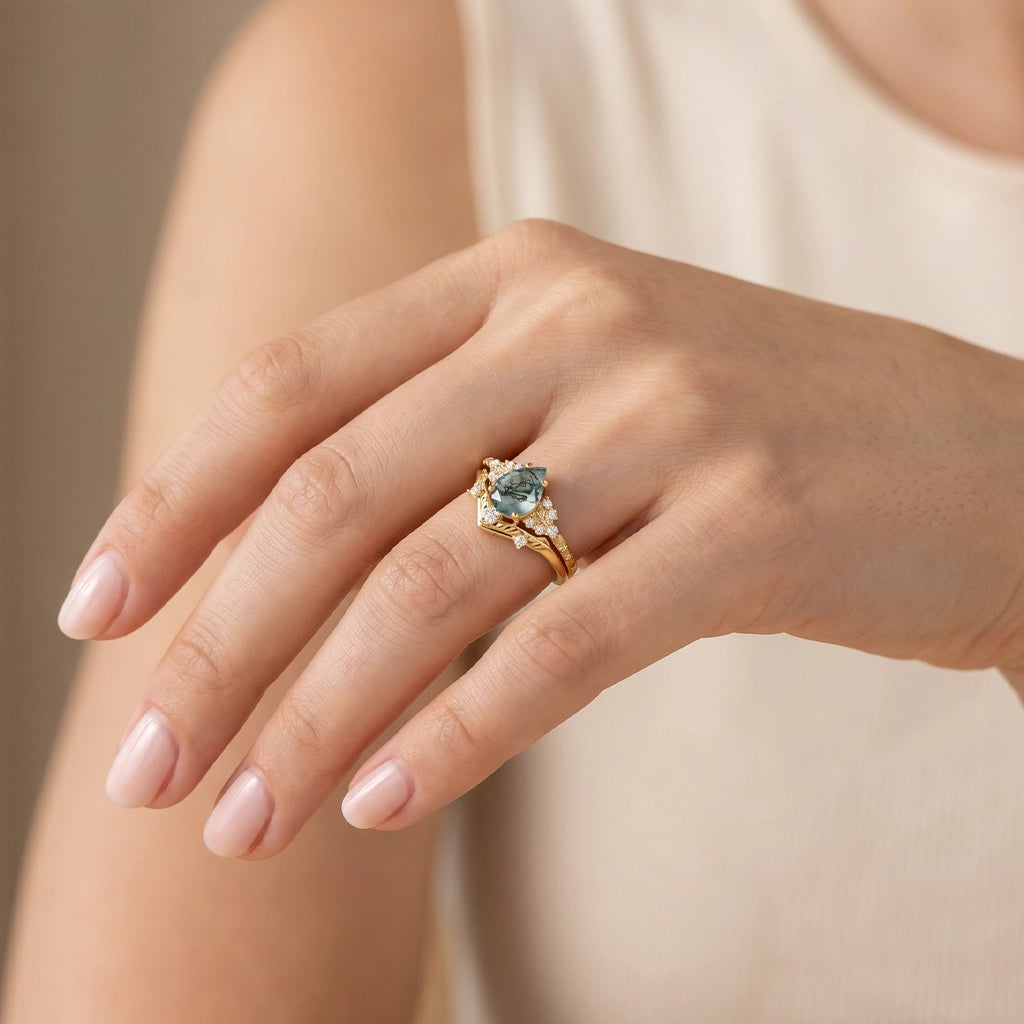 Hortense  Leaf Nature Inspired Pear Cut Moss Agate Engagement Ring Set 2pcs.