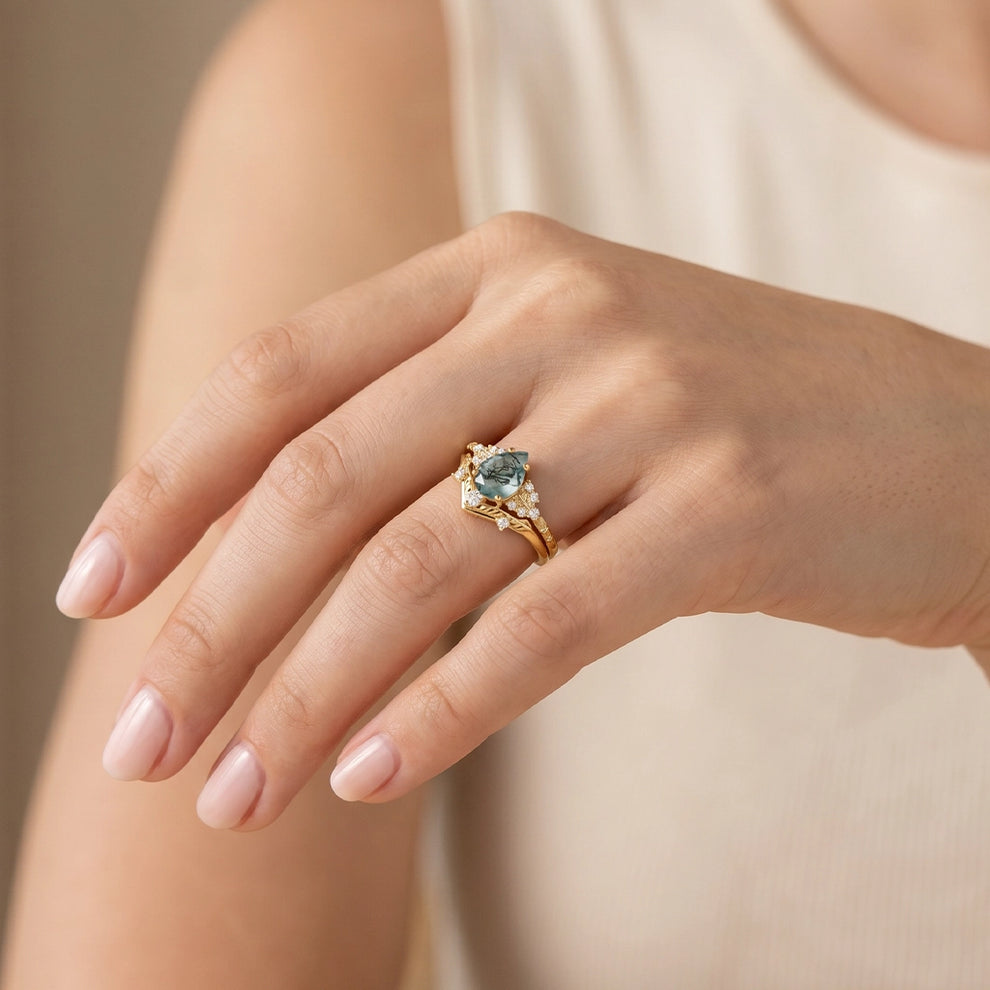 Hortense  Leaf Nature Inspired Pear Cut Moss Agate Engagement Ring Set 2pcs.