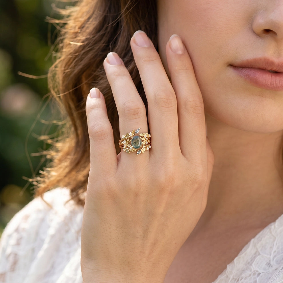 Sylvie’s Bower | Oval Cut Moss Agate Leafy Bridal Set 2pcs.