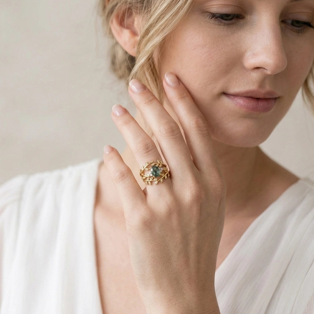 Honorée Moss Agate Leafy Branch Enhancer Ring Set 2pcs.