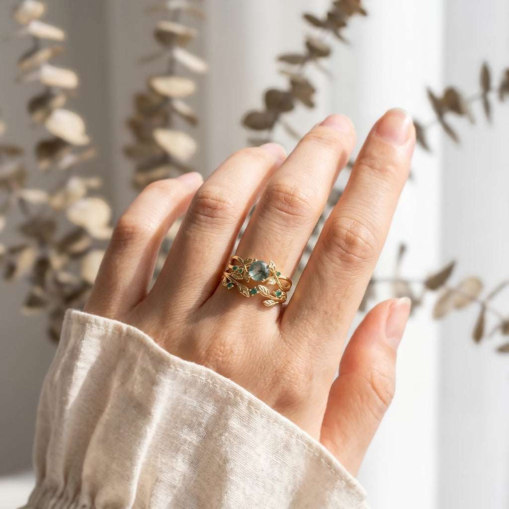 Nature Inspired Round Cut Moss Agate & Emerald Bridal Set.