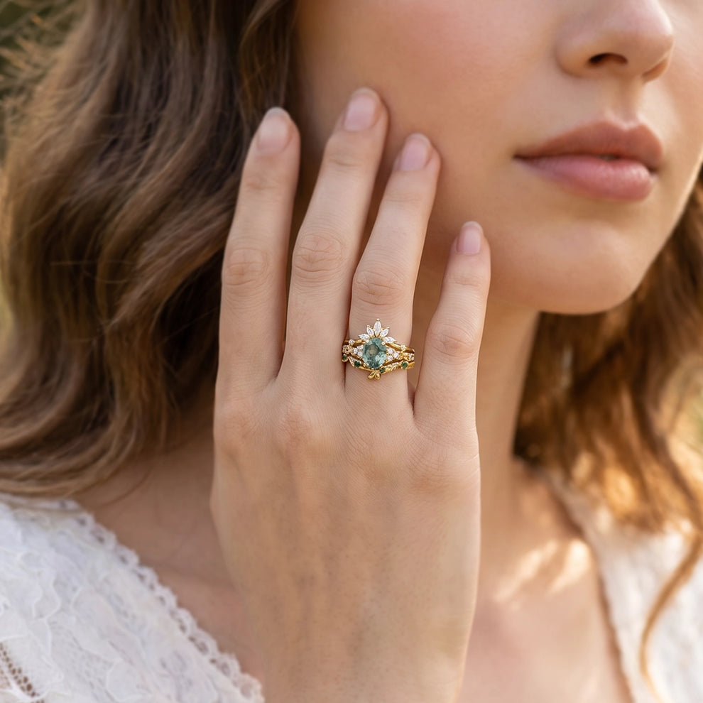 Nature Inspired Oval Cut Moss Agate Cluster Leafy Bridal Set