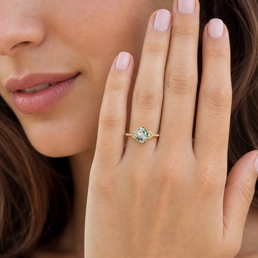 Sylvia’s Verdure | Oval Cut Moss Agate Engagement Ring