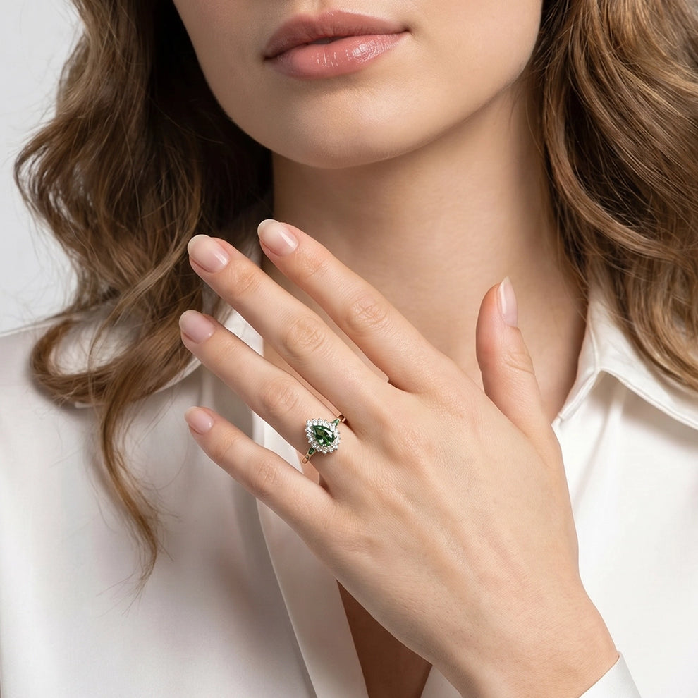 Stella's Mint | Classic Pear Cut Green Diamond Engagement Ring.