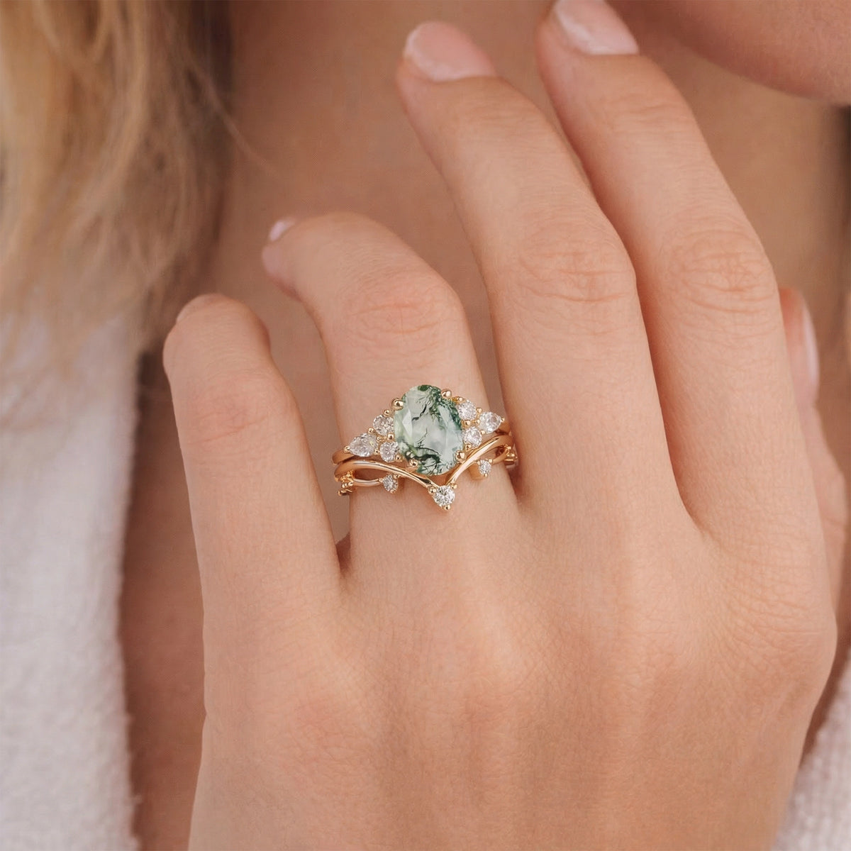 Ona Oval Cut Moss Agate Vintage Gold Ring Set 2pcs.
