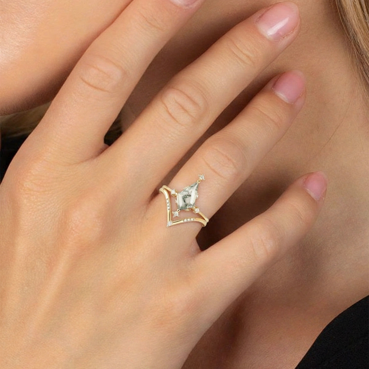 Nature Inspired Kite Cut Moss Agate Engagement Ring Set.