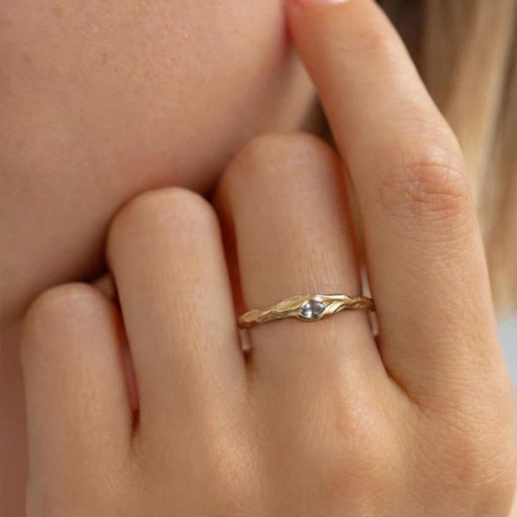 Iris’s Twig | Organic Aquamarine Dainty Ring with Branch Band.