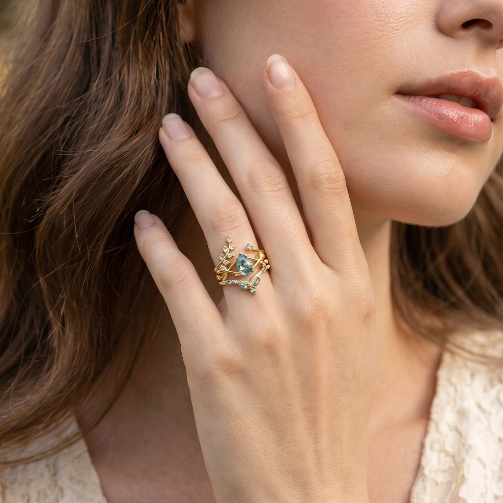 Isadora’s Verdant | Pear Cut Moss Agate Leafy Bridal Set 3pcs
