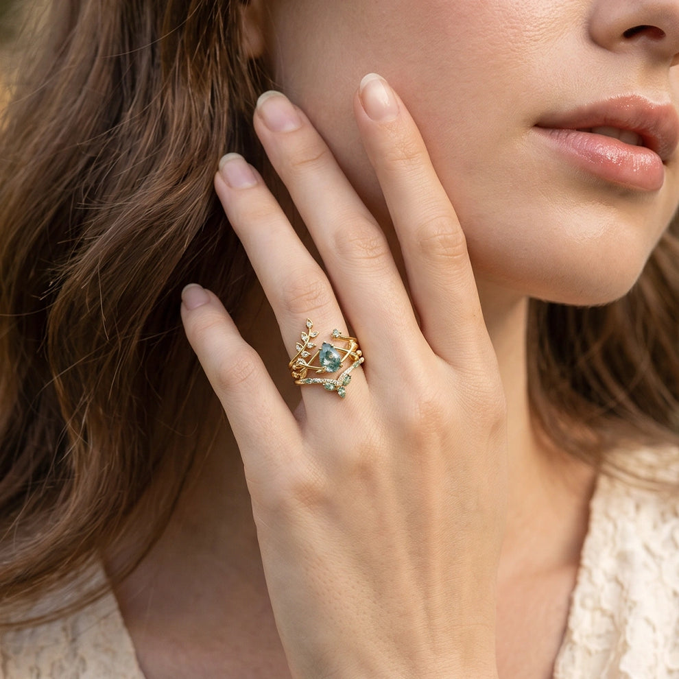 Isadora’s Verdant | Pear Cut Moss Agate Leafy Bridal Set 3pcs