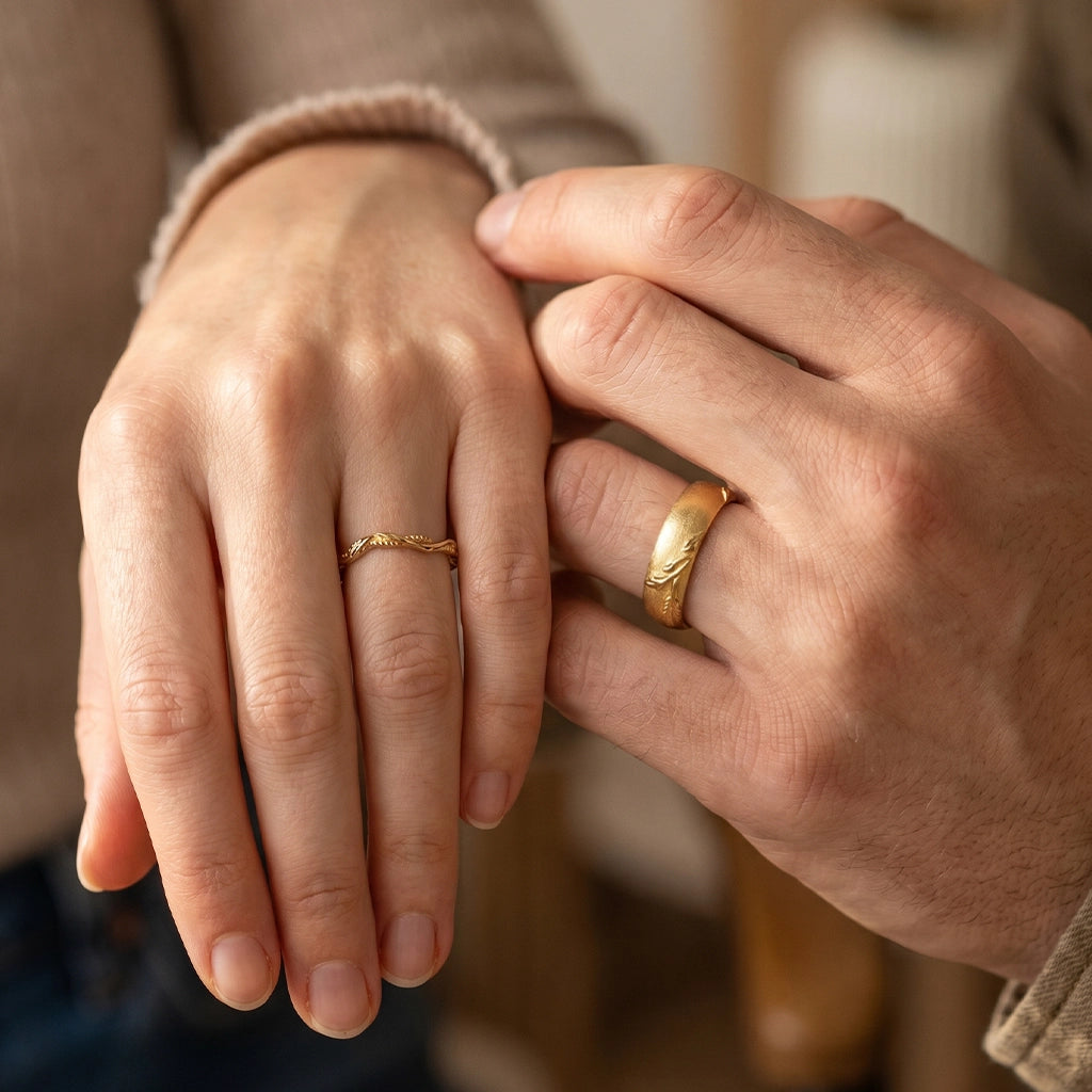 The Intertwined Wedding Set – Sandblasted Branch & Curved Vine Bands.