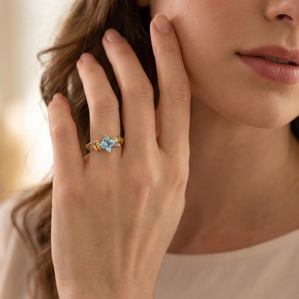 Cressida’s Stillness | Clear Blue Aquamarine Leafy Engagement Ring.