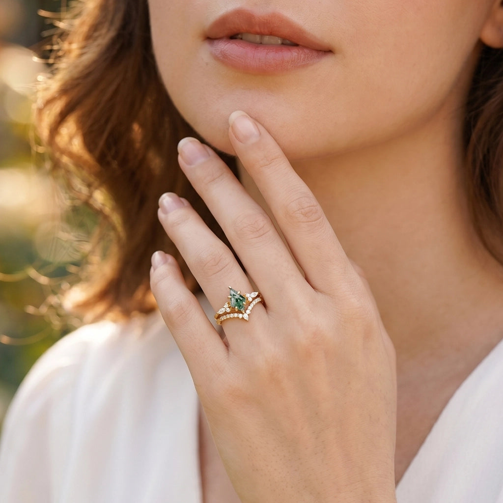 Elara’s Drift  | Vintage Kite Cut Moss Agate Bridal Set 2pcs.