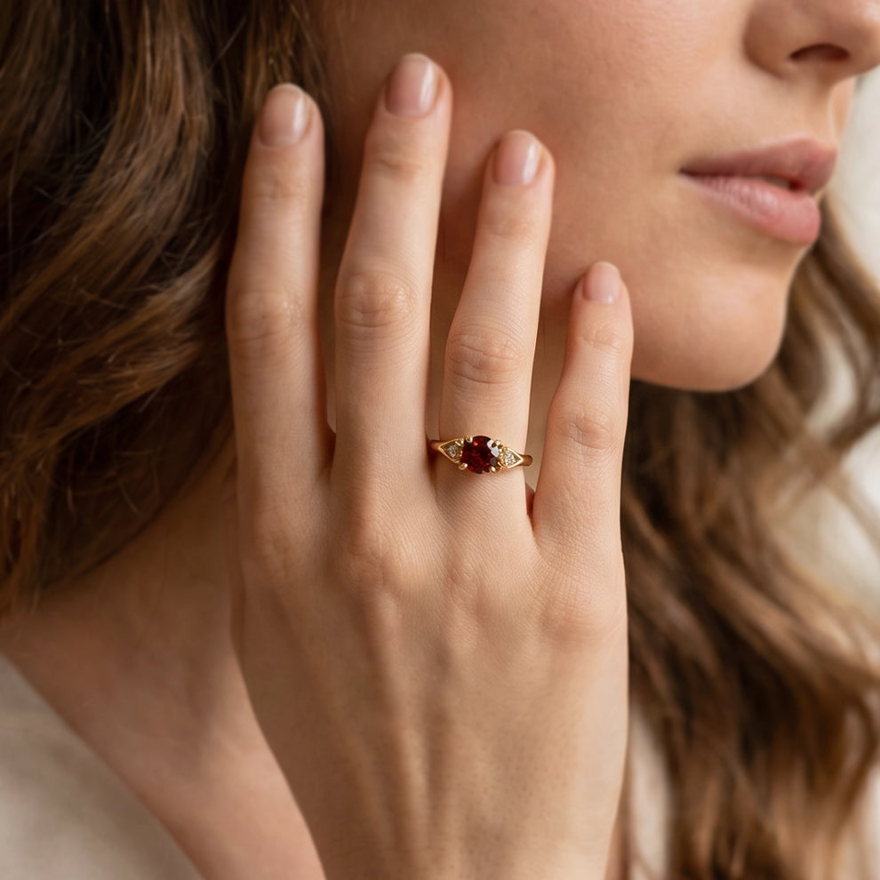 Rosalyn’s Emberpetal | Burning Rose Dainty Natural Garnet Engagement Ring.