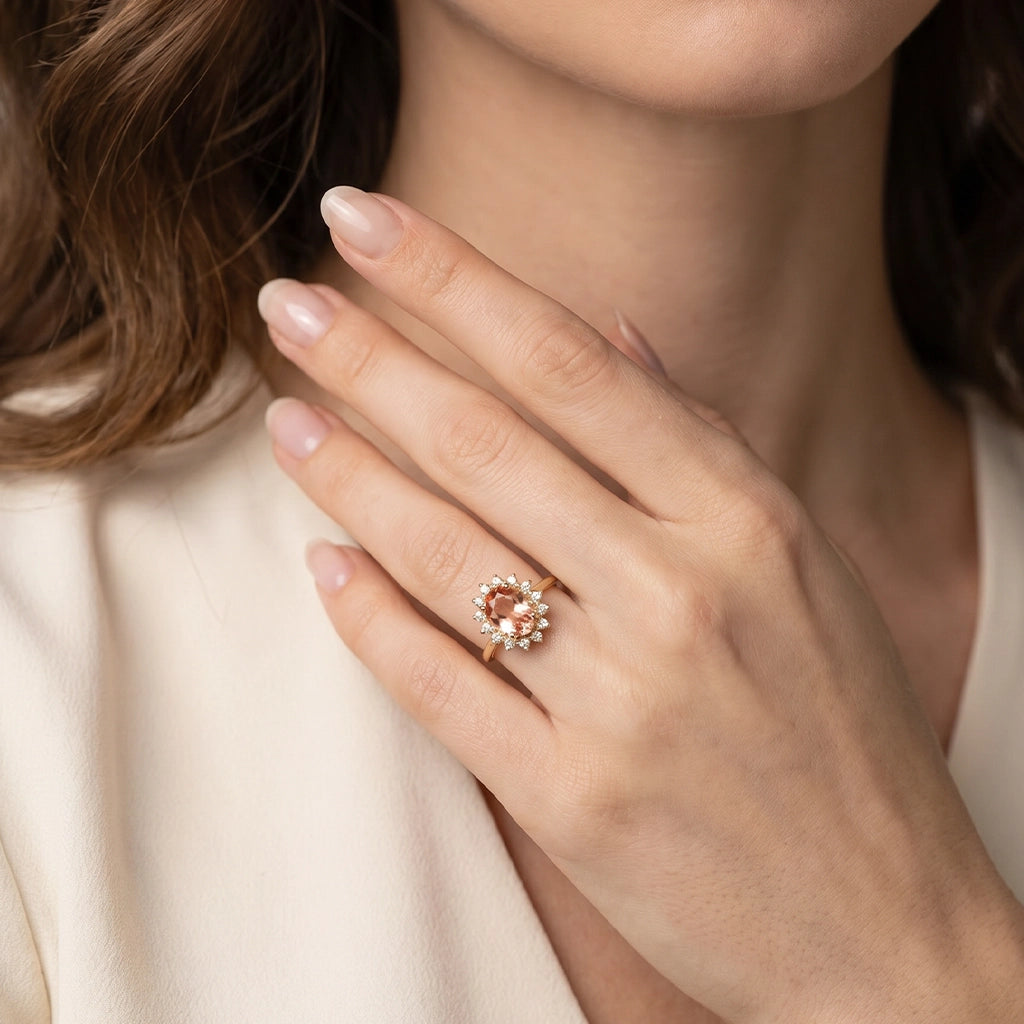 Aurora’s Blush | Oval Pink Tourmaline Halo Ring.