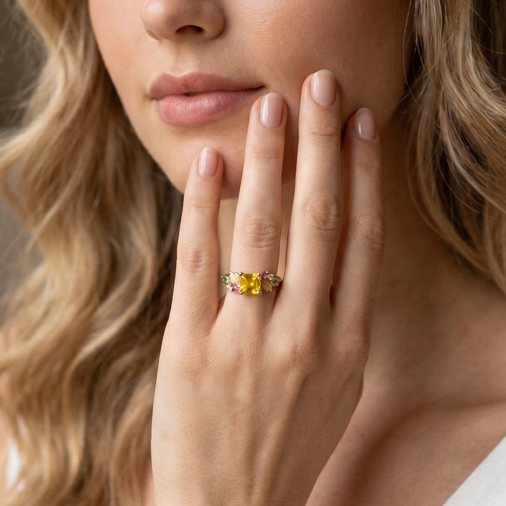 Flora’s Honey | Yellow Asscher Cut Tourmaline Leafy Engagement Ring.