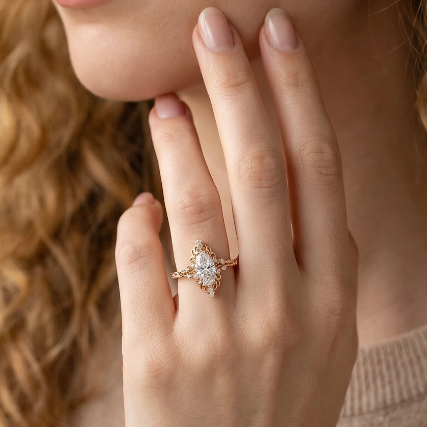 Aurora Swirl | Marquise Diamond Ring with Filigree Setting.