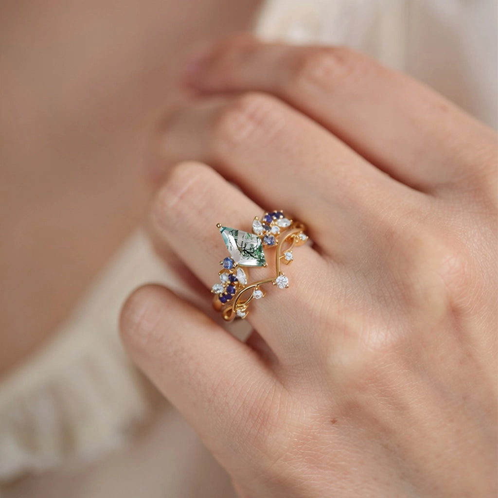 Sylvie’s Horizon | Kite Cut Moss Agate & Gradient Sapphire Bridal Set 2pcs.