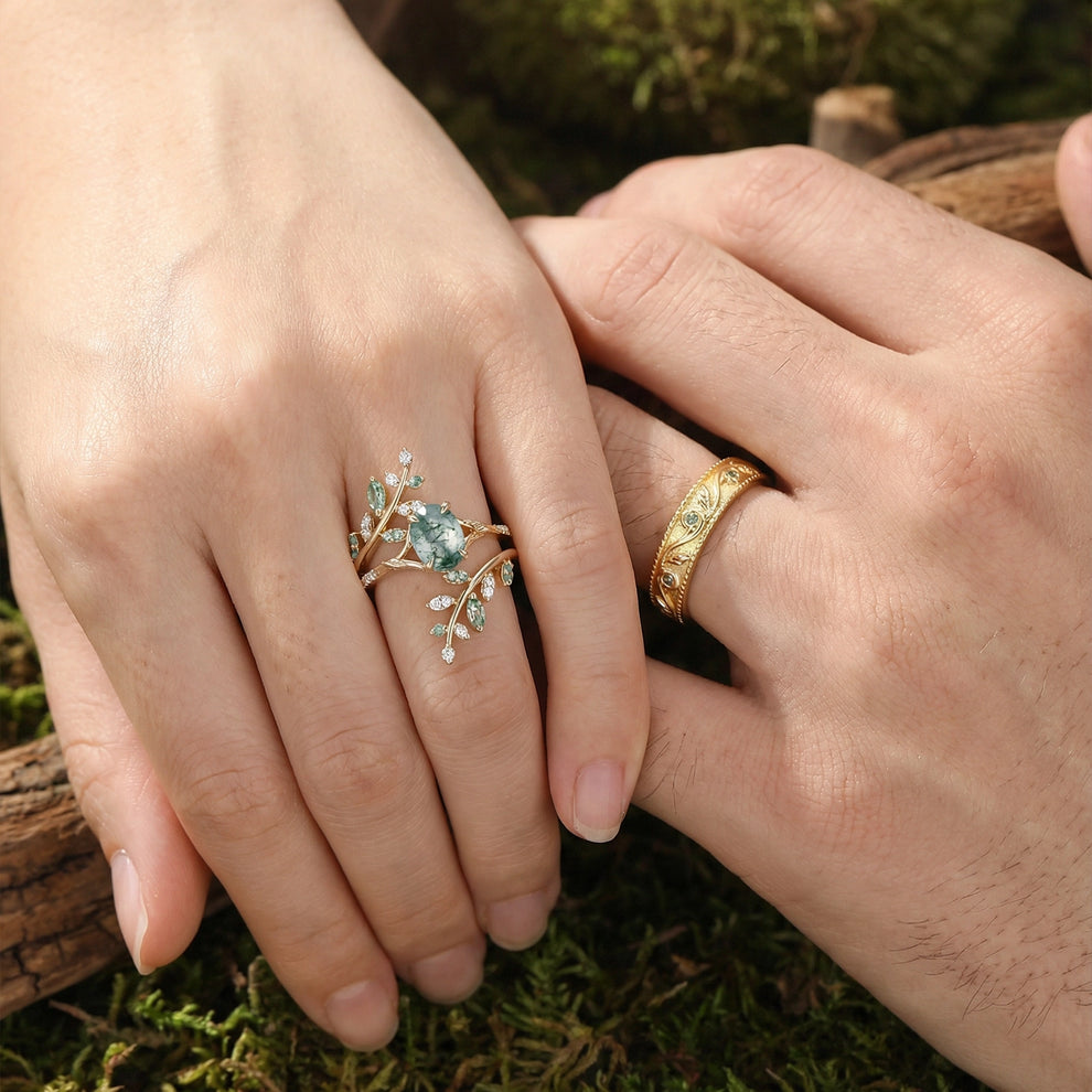 Daphne’s Canopy | Oval Cut Green Moss Agate Cluster Couple Ring Set.