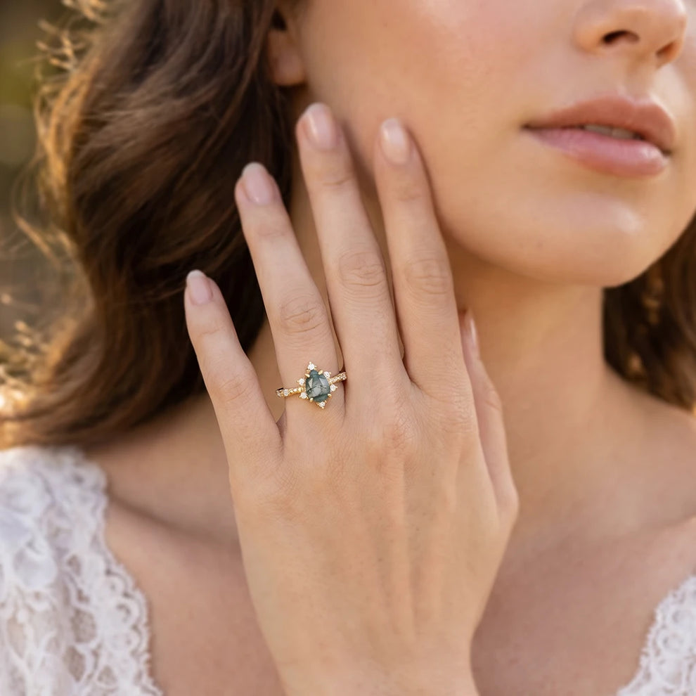 Genevieve’s Cluster | Pear Cut Moss Agate Engagement Ring