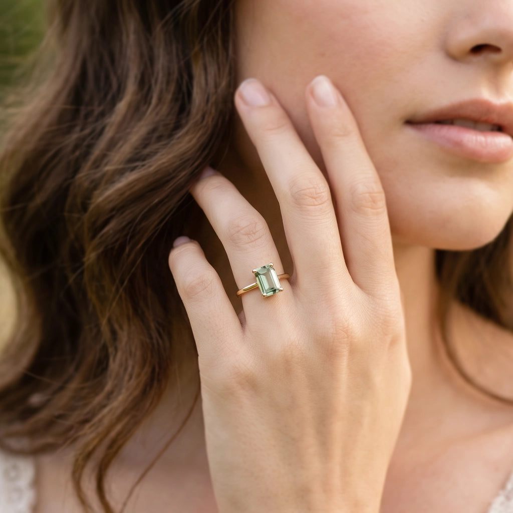 Demeter’s Solace | Emerald Cut Green Tourmaline Solitaire Engagement Ring.
