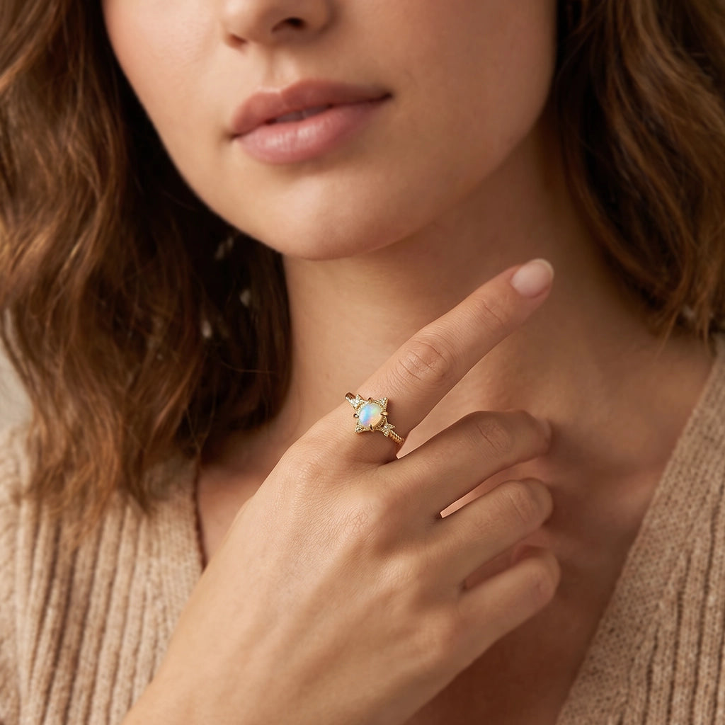 Aurora’s Lattice | Oval Opal Engagement Ring with Lozenge Weave Setting.