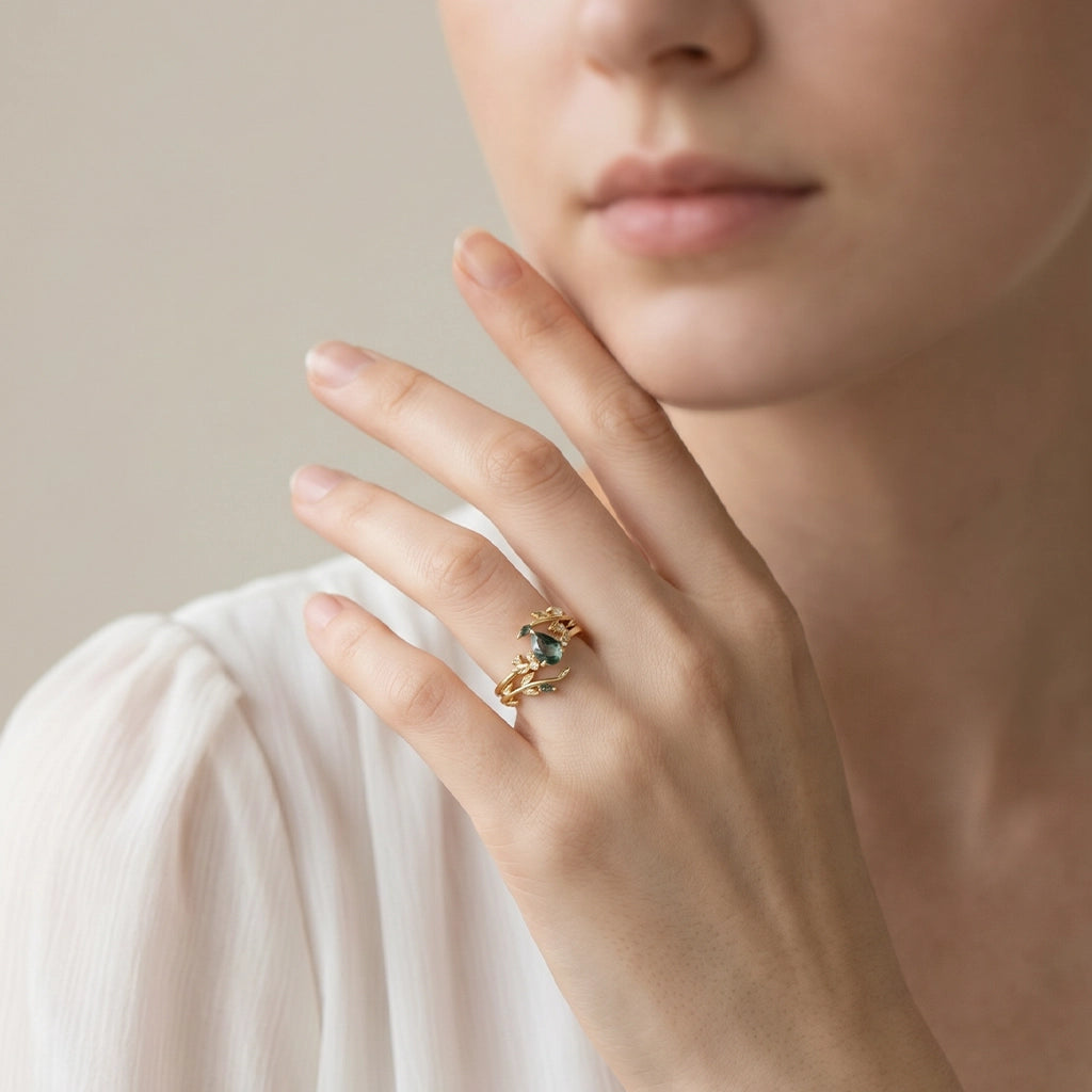 Dawn Pear Cut Moss Agate Leafy Engagement Ring Set 2pcs.