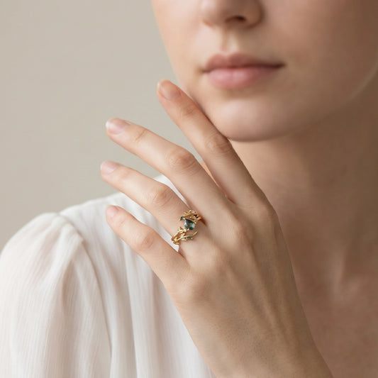 Dawn Pear Cut Moss Agate Leafy Engagement Ring Set 2pcs.