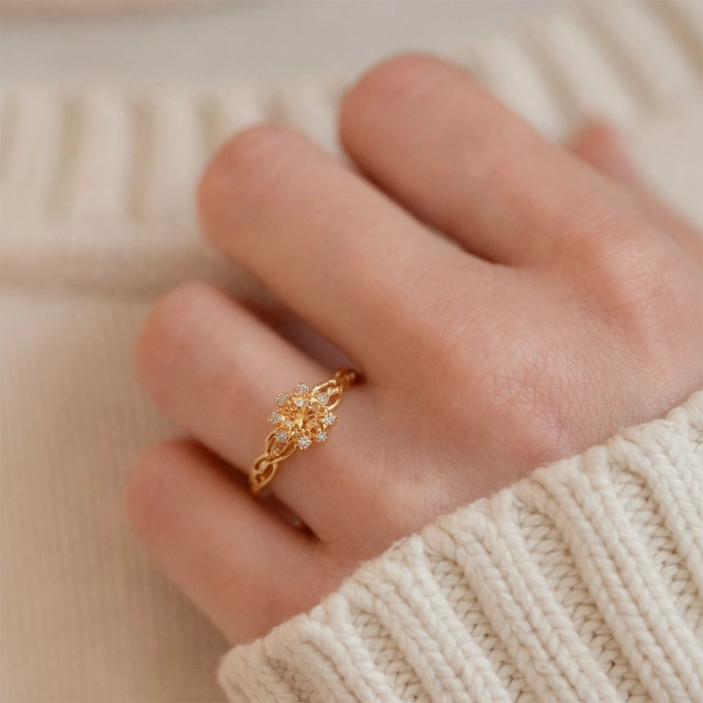 Solara's Petal | Citrine Floral Diamond Halo Ring.