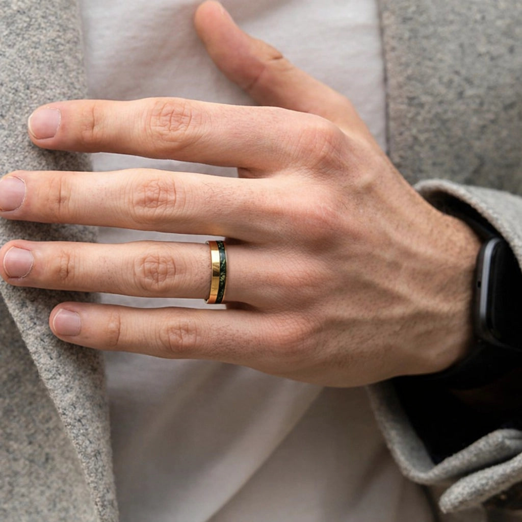 Silas’s Core | Moss Agate Minimalist Inlay Men’s Wedding Band